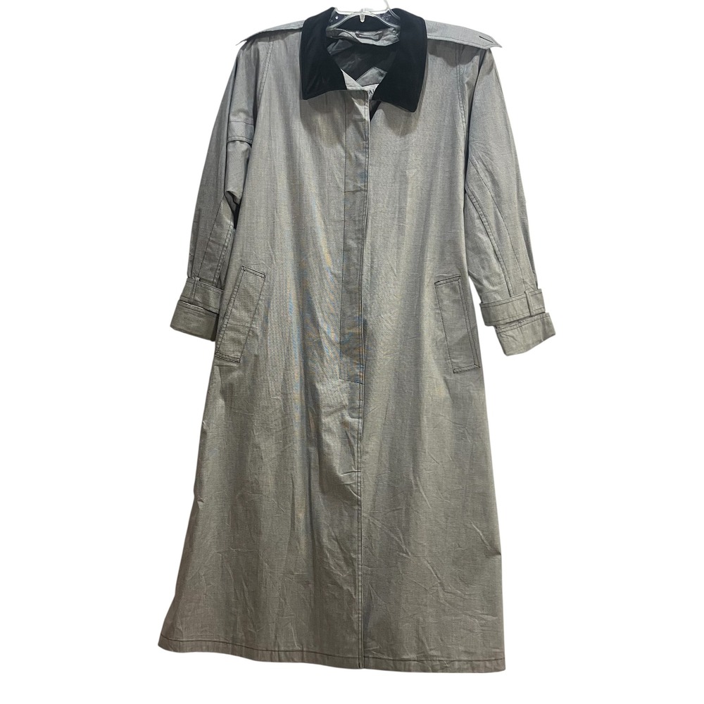 Vintage J. Gallery Black White‎ Check Trench Coat Velvet Collar Size 9/10 Duster